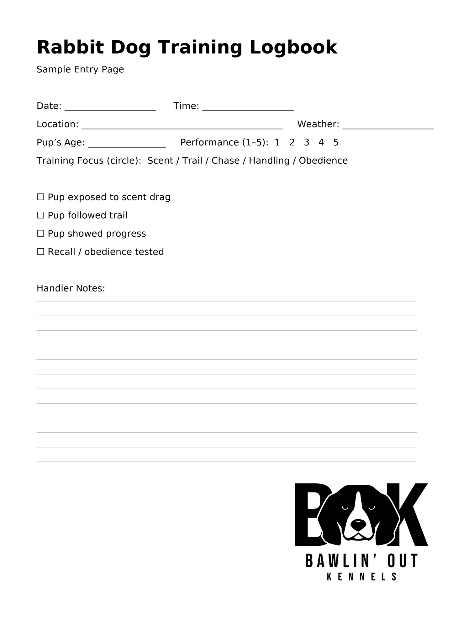 BOK Rabbit Dog Training Logbook (Printable Digital Edition)